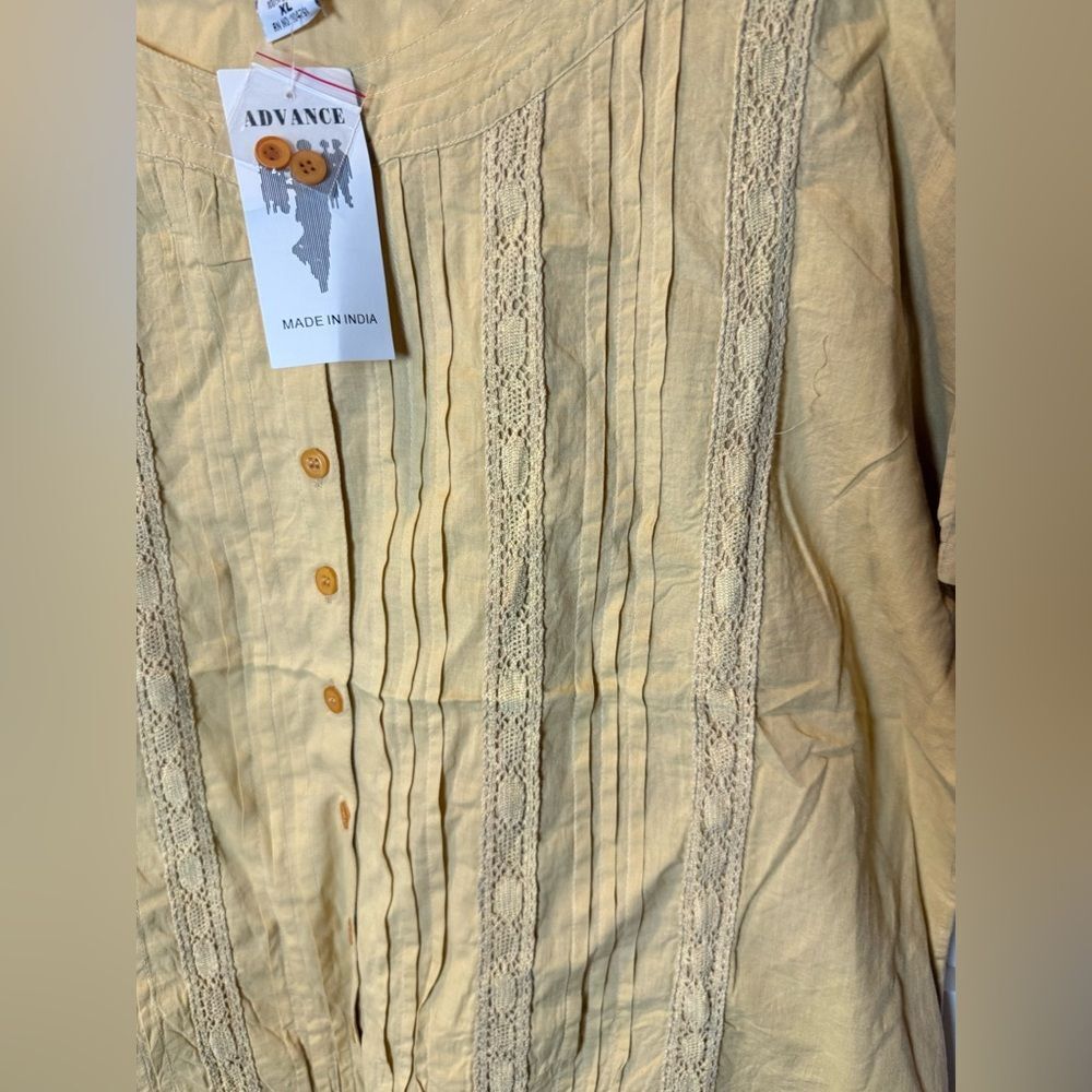 New Vintage Advance Apparels Creek Mustard Button-Down Peplum Blouse with lace - Picture 3 of 8